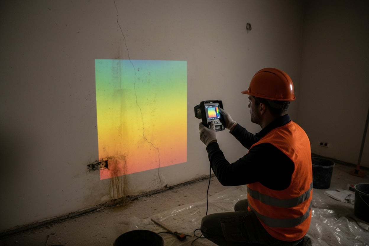 Ein Handwerker mit Helm und Warnweste analysiert mit einer Wärmebildkamera einen Riss und Feuchtigkeit an einer Wand.